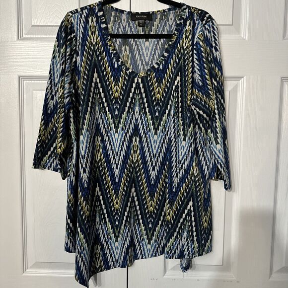 Karen Kane 1x blue geometric print 3/4 sleeve tunic top. - Picture 1 of 5